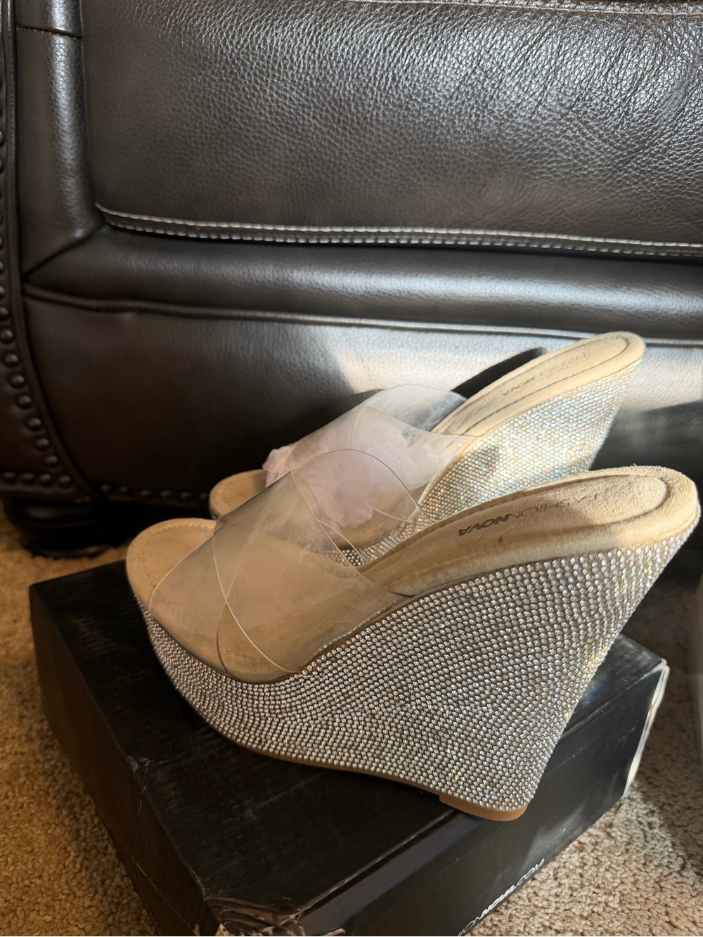 Clear Strap Crystal-Embellished Wedge Sandals - Beige
